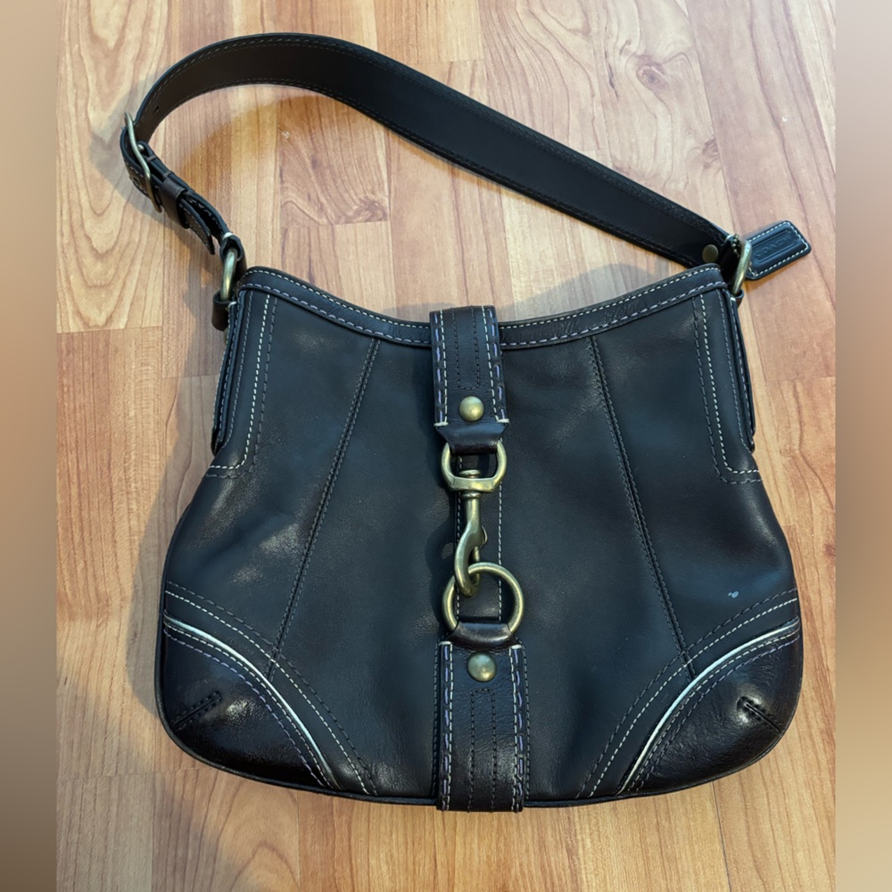 Black Leather Shoulder Bag with Gold Accents